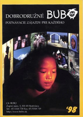 BUBO - 1998 - história - Katalóg na rok 1998. Hlavná fotografia je portrét mladého mnícha zo severného Šánskeho štátu v Barme a zrelizoval ju na diapozitív Ľuboš Fellner v roku 1996. Tento štát bol dlho zatvorený a aj následne sa sem žiaden iný turista nedostal.