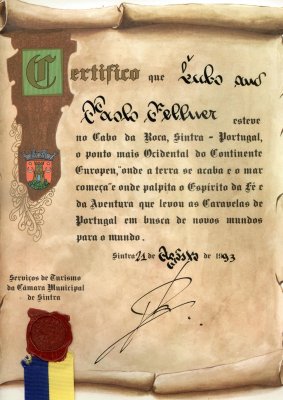BUBO - 1993 - história - Certifikát z roku 1993 o dobytí Najzápadnejšieho bodu Európy. Prišli sme sem z mladej Slovenskej republiky autobusom a v tej dobe bol tento cestovateľský bod, ako dnes stáť na Severnom póle (ktorý je v BUBO ponuke taktiež).